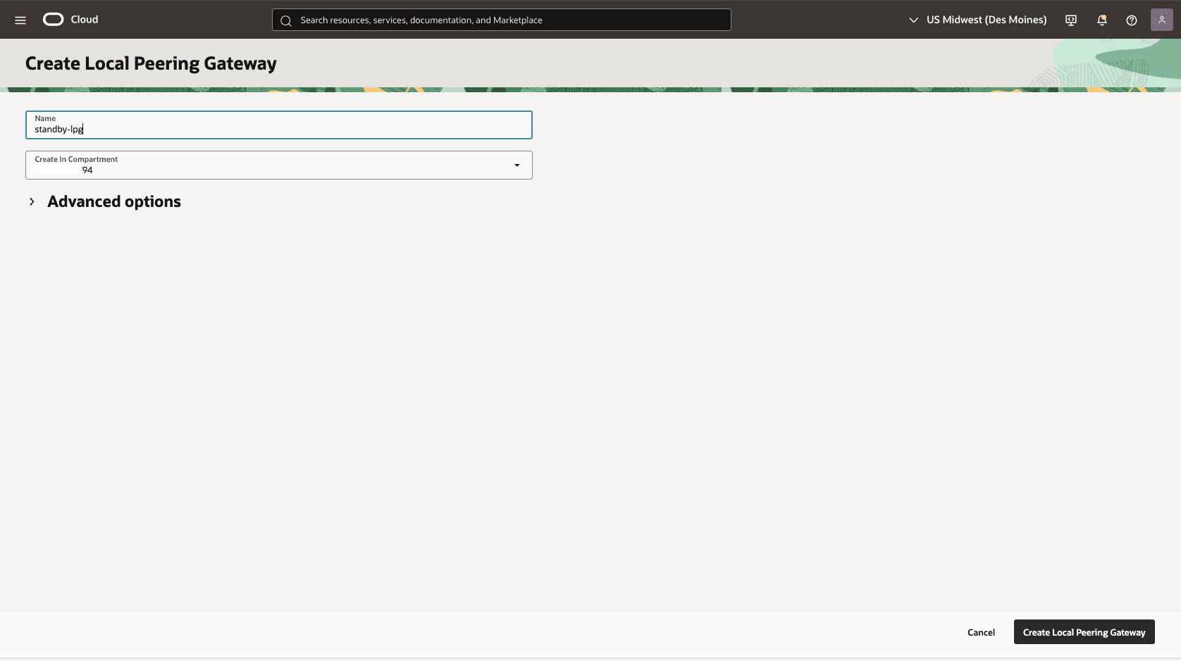 This screenshot shows how to configure the network in the standby region.