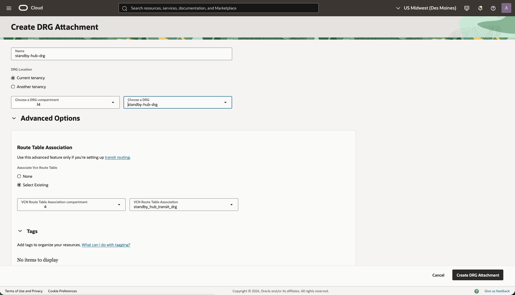 This screenshot shows how to configure the network in the standby region.
