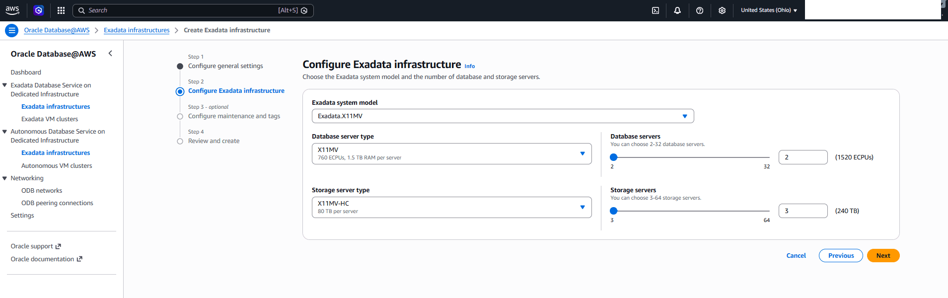 This screenshot shows the second part of creating an Exadata Infrastructure.
