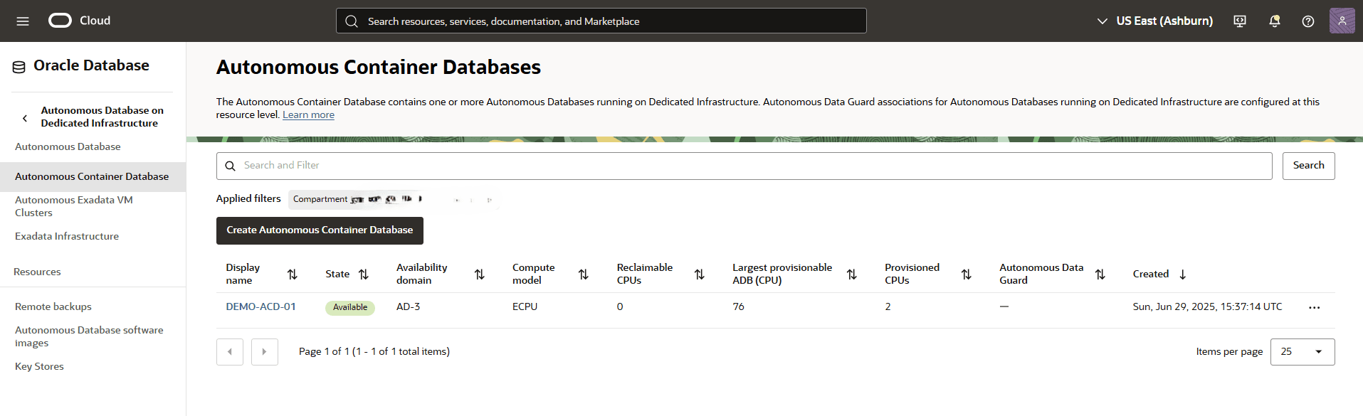 This screenshot shows the final step of creating an Autonomous Container Database.