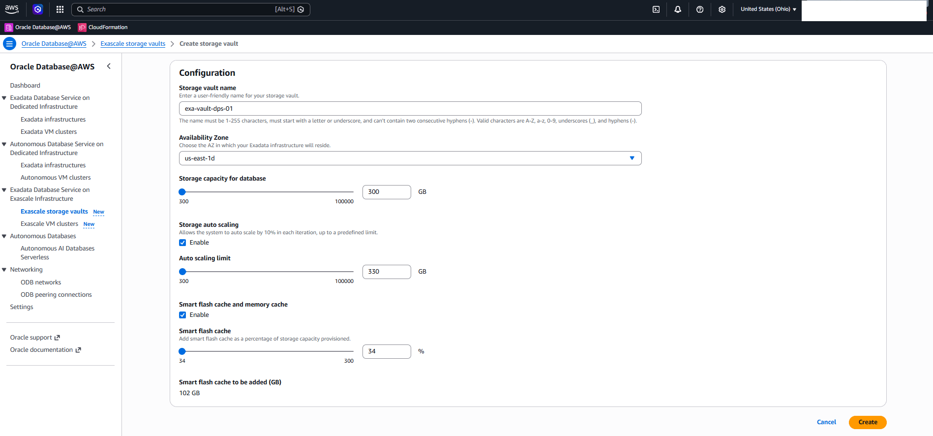 This screenshot shows how to create an Exascale storage vault.