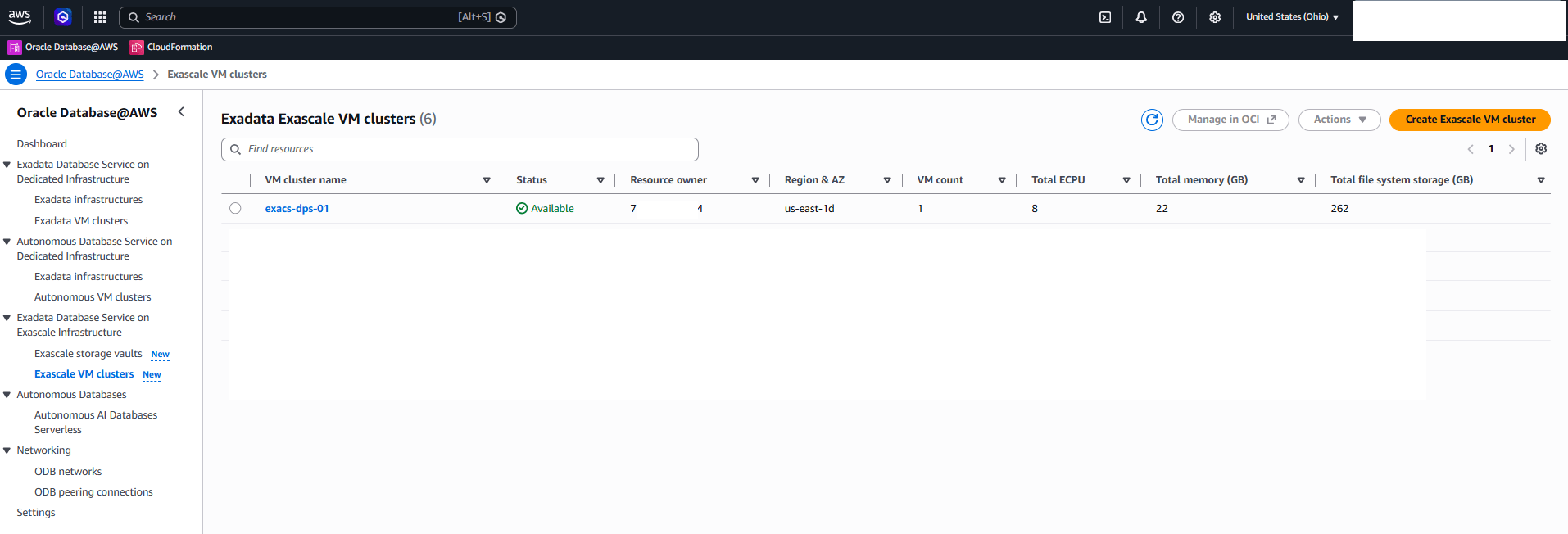 This screenshot shows how to create an ExascaleVM Cluster.