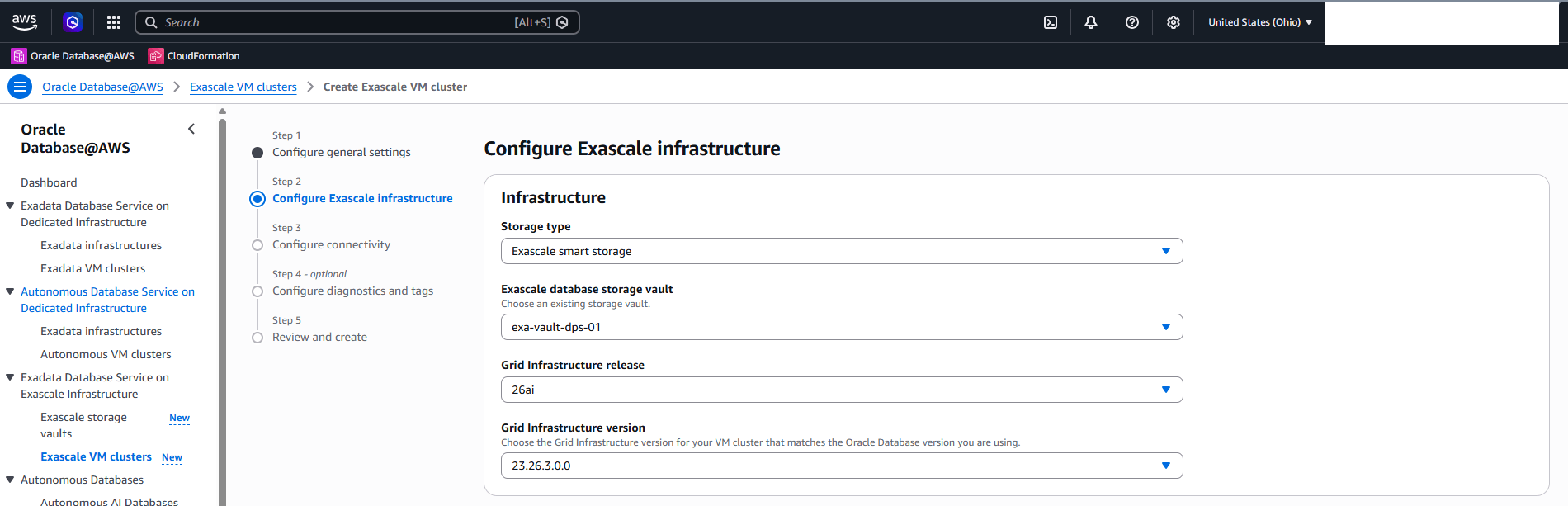 This screenshot shows how to create an ExascaleVM Cluster.
