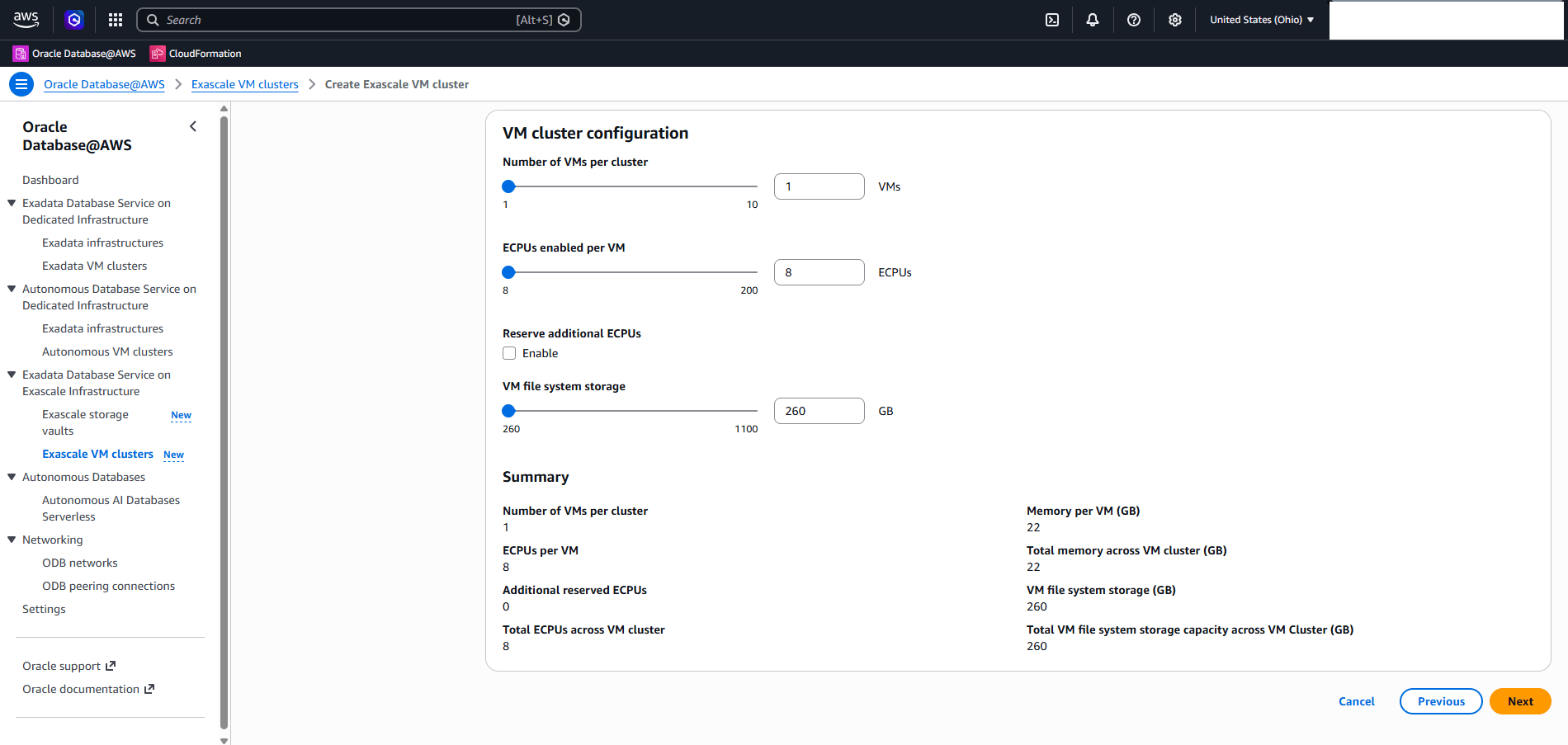 This screenshot shows how to create an ExascaleVM Cluster.