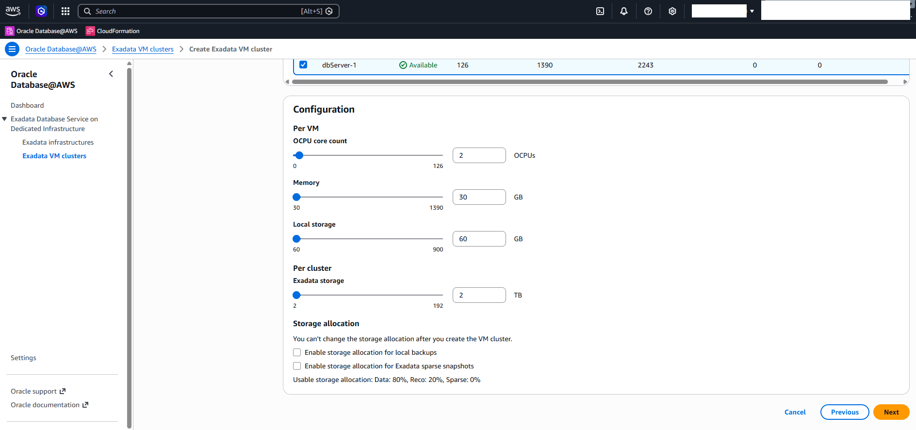 This screenshot shows the second part of creating an Exadata VM Cluster.