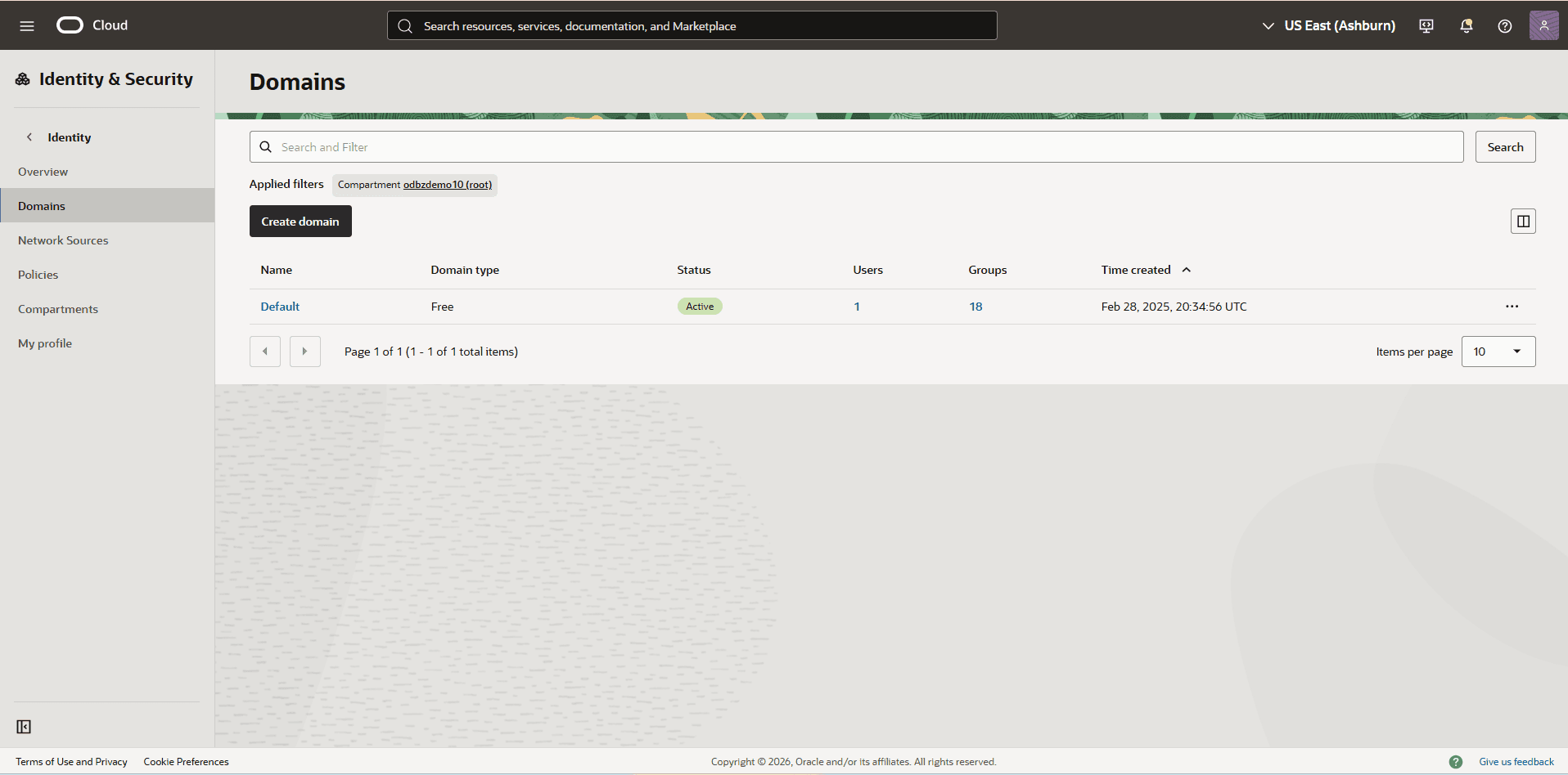 This screenshot shows how to create a domain.