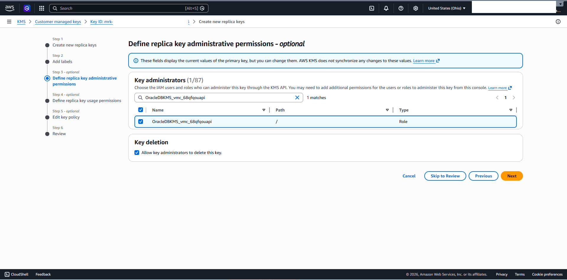 This screenshot shows how to enable the multi-region key in AWS KMS.