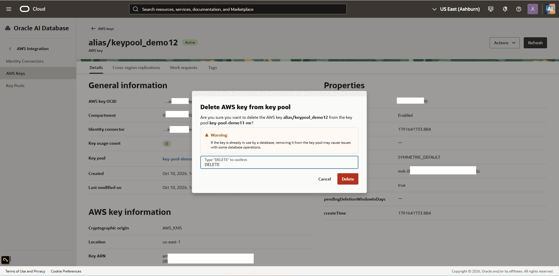 This screenshot shows how to remove a key from the key pool.