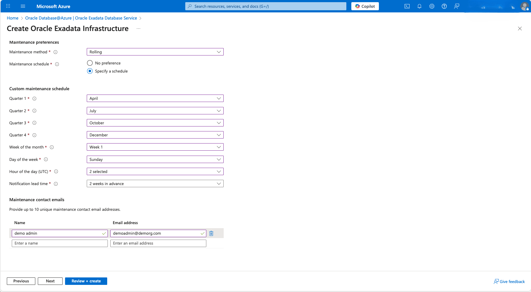 This screenshot shows how to create an Exadata Infrastructure.