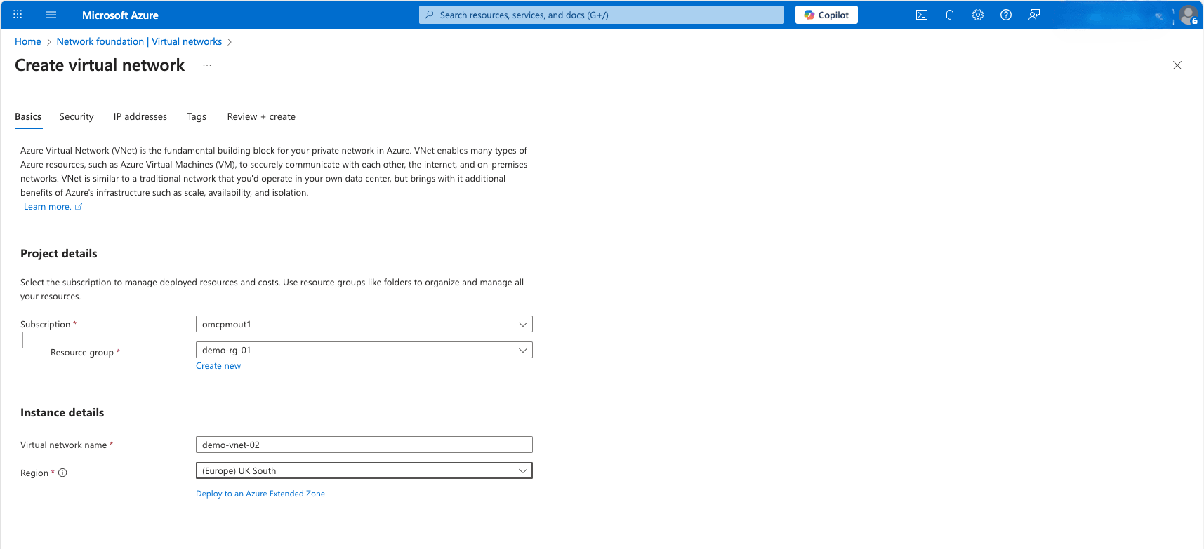 This screenshot shows the steps to create a virtual network with delegated subnet.
