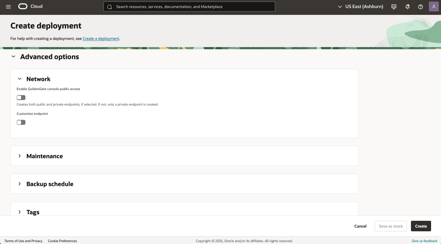 This screenshot shows how to create GoldenGate deployment.