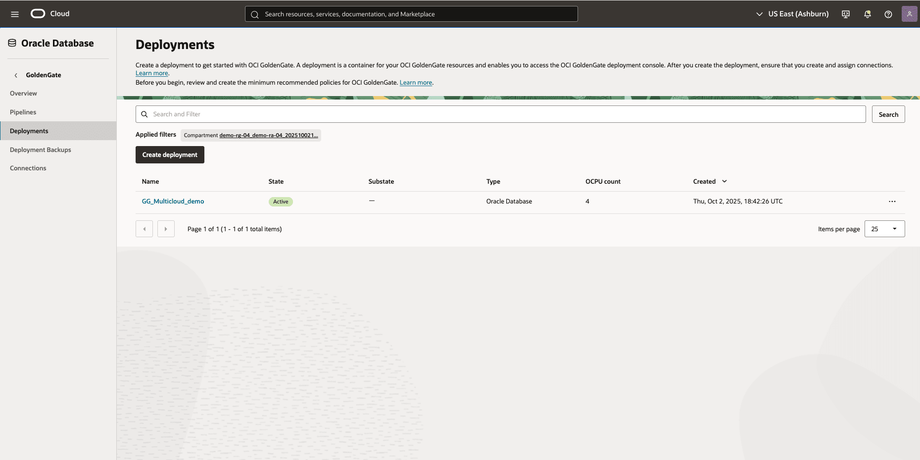 This screenshot shows how to create GoldenGate deployment.