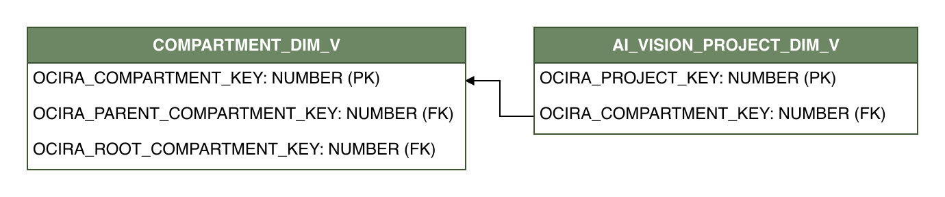 Relationship diagram showing the dimension table, AI_VISION_PROJECT_DIM_V.