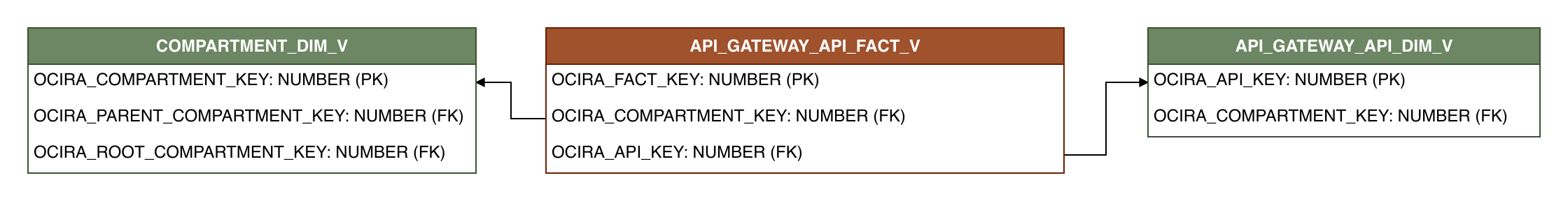 Relationship diagram showing the fact table, API_GATEWAY_API_FACT_V.