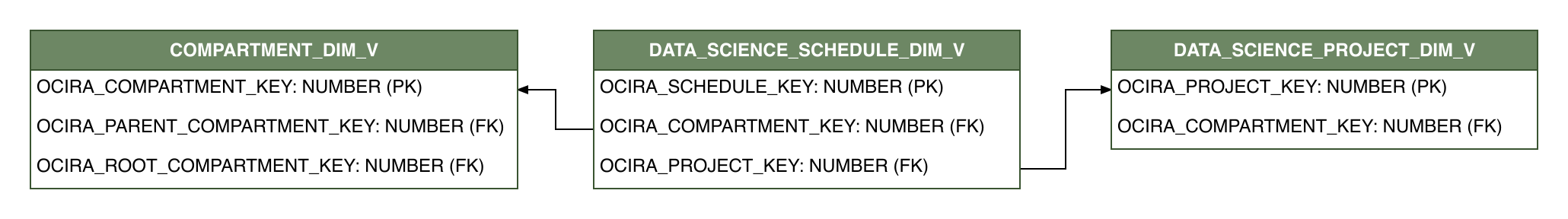 Relationship diagram showing the dimension table, DATA_SCIENCE_SCHEDULE_DIM_V.