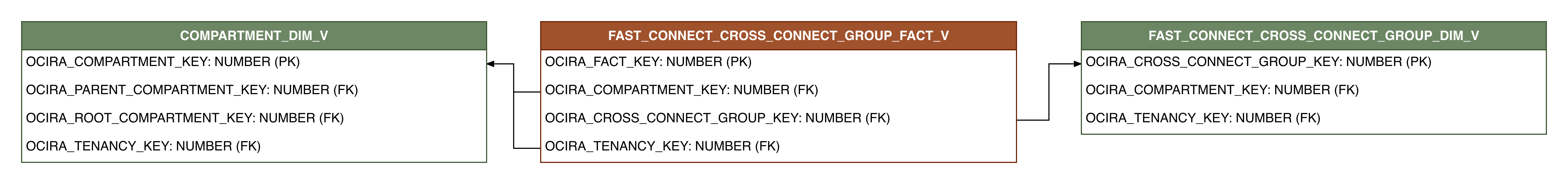 Relationship diagram showing the fact table, FAST_CONNECT_CROSS_CONNECT_GROUP_FACT_V.