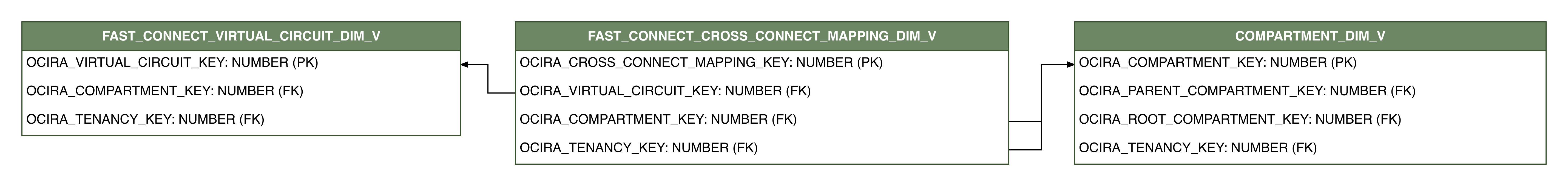 Relationship diagram showing the dimension table, FAST_CONNECT_CROSS_CONNECT_MAPPING_DIM_V.