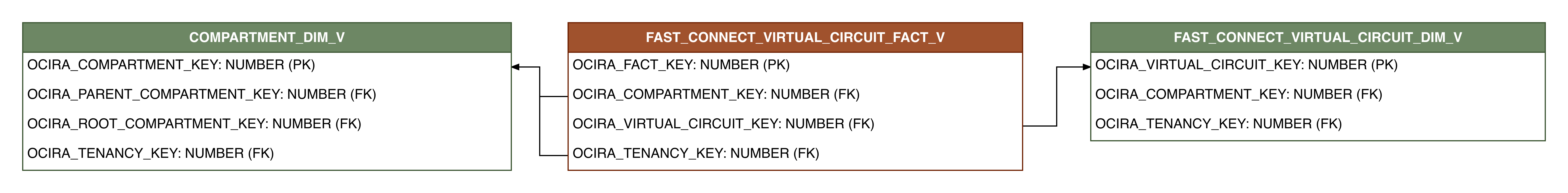 Relationship diagram showing the fact table, FAST_CONNECT_VIRTUAL_CIRCUIT_FACT_V.