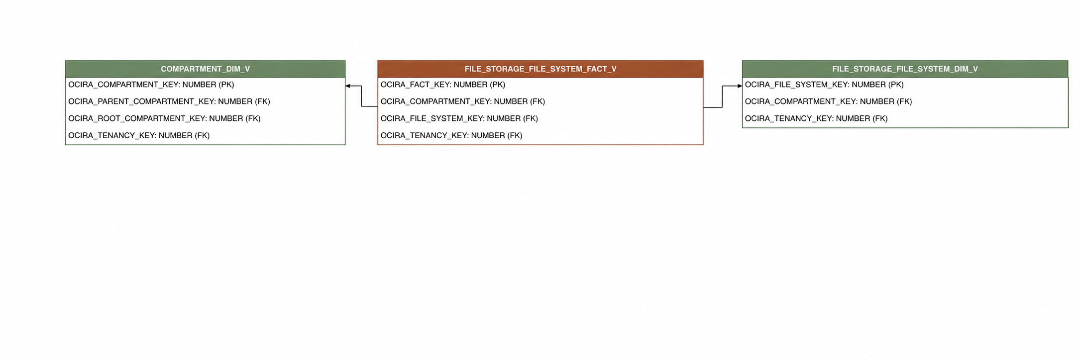 Relationship diagram showing the fact table, FILE_STORAGE_FILE_SYSTEM_FACT_V.