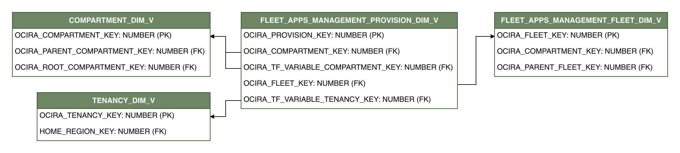 Relationship diagram showing the dimension table, FLEET_APPS_MANAGEMENT_PROVISION_DIM_V.