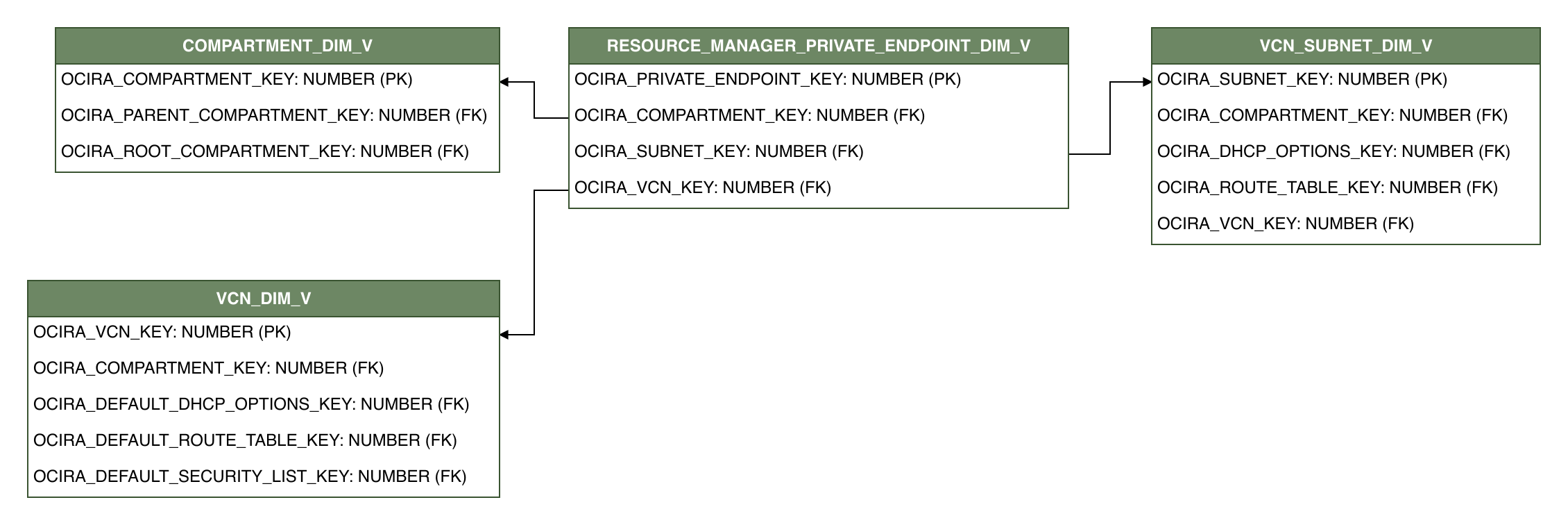 Relationship diagram showing the dimension table, RESOURCE_MANAGER_PRIVATE_ENDPOINT_DIM_V.