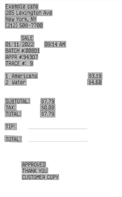 The receipt with all the fields identified