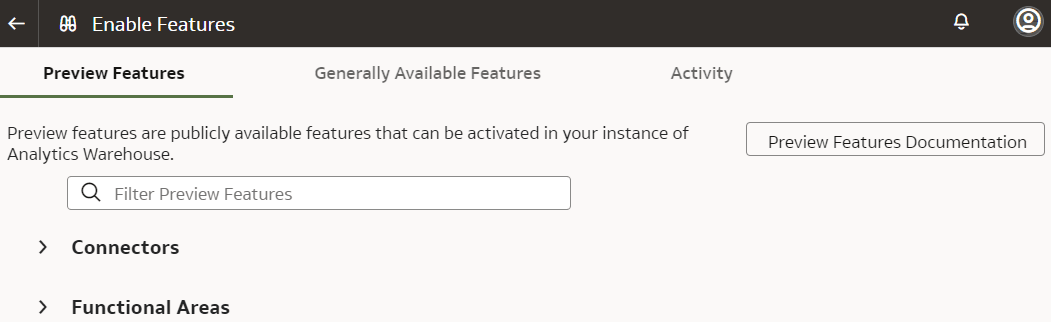 Enable Features page displaying the features available for preview.