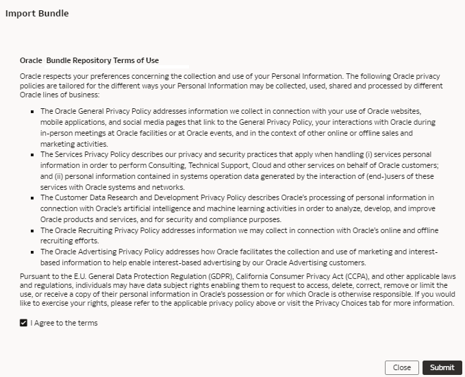 Oracle Bundle Repository terms of use in the Import Bundle dialog