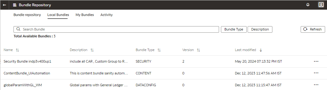 Local bundles tab displaying the bundles that are imported into your instance