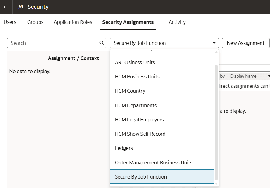 Custom security context visible in the Show All Security Context dropdown list