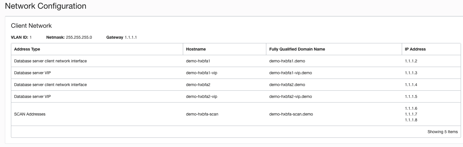 Screenshot of the Oracle Exadata Database Service on Cloud@Customer network configuration for the VM cluster in OCI Screenshot of the Oracle Exadata Database Service on Cloud@Customer network configuration for the VM cluster in OCI
