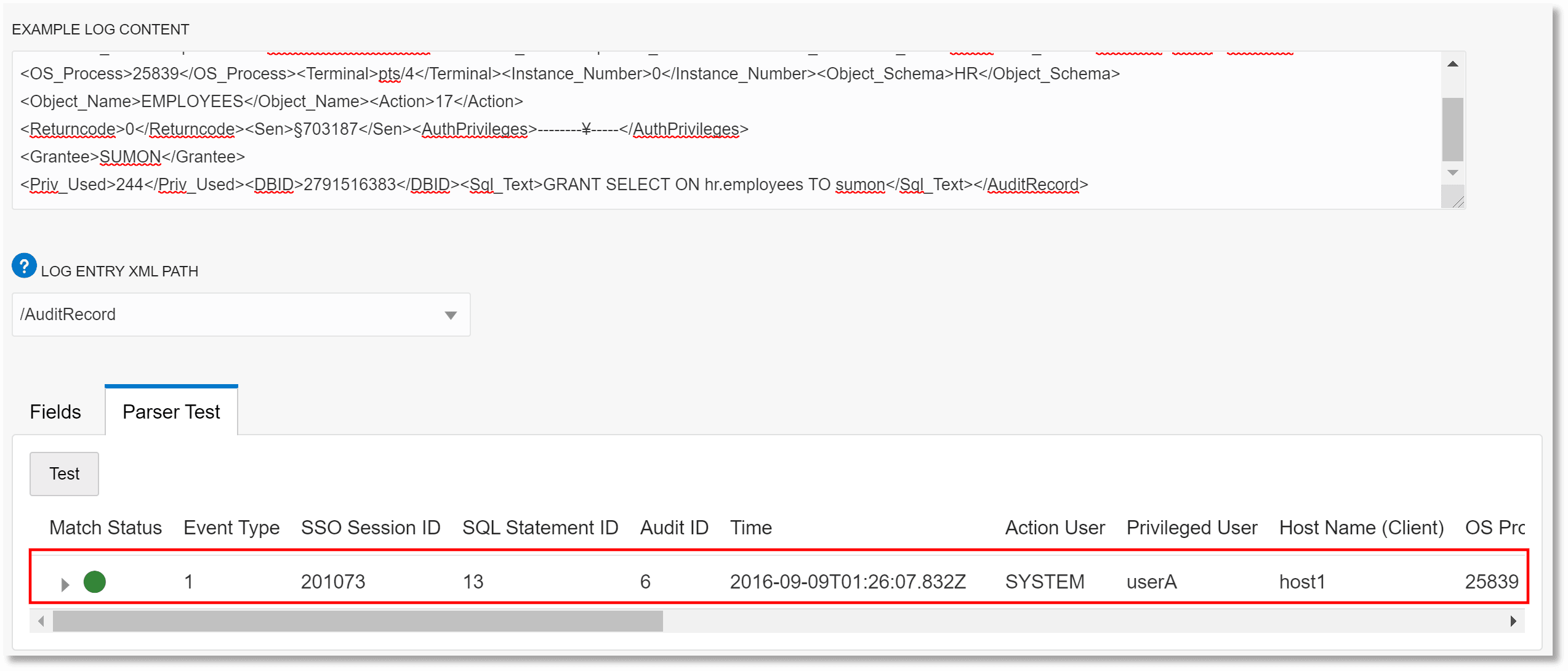 Parser creation dialog box: The parser test tab, and the match status of the test