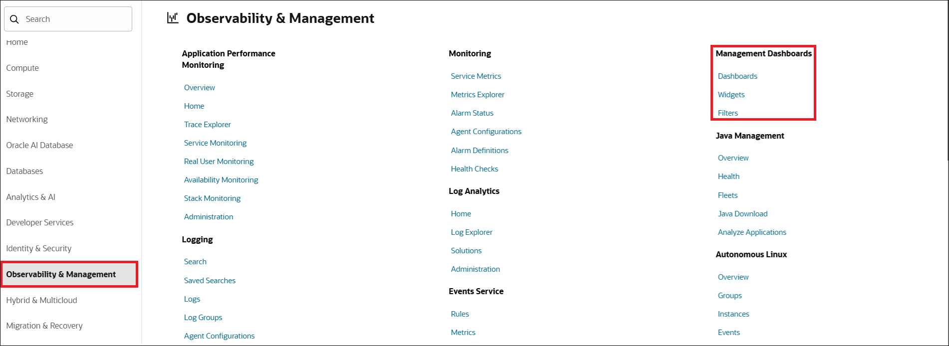 Management Dashboards in the Oracle Cloud Infrastructure console menu