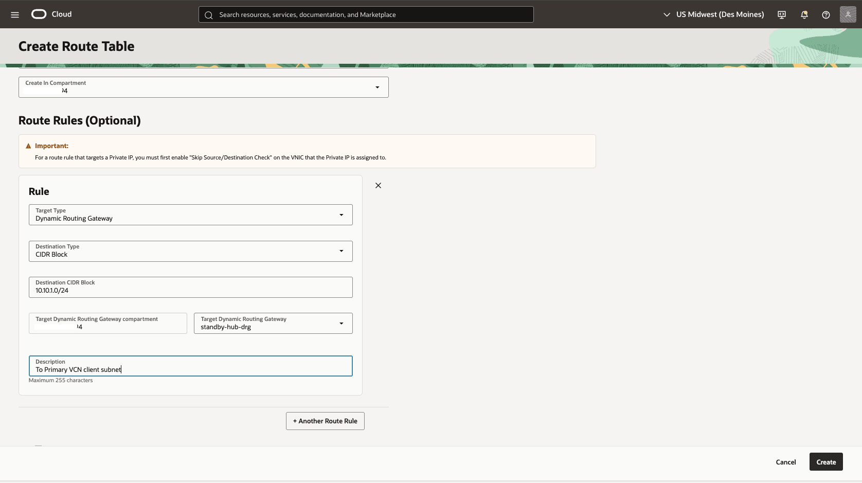 This screenshot shows how to configure the network in the standby region.