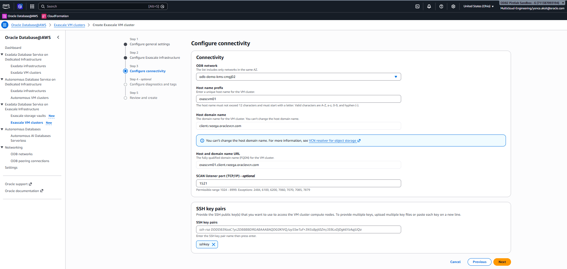 This screenshot shows how to create an Exascale VM Cluster.