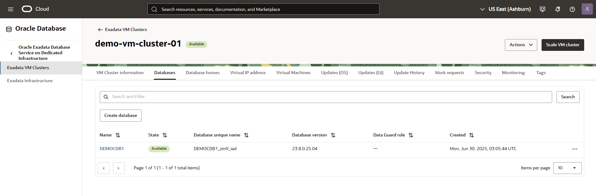 This screenshot shows the final step of creating an Exadata Database. This screenshot shows the final step of creating an Exadata Database.