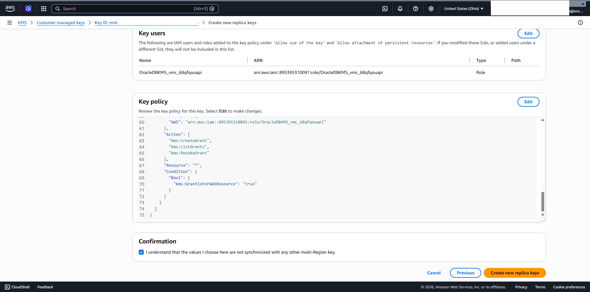 This screenshot shows how to enable the multi-region key in AWS KMS.