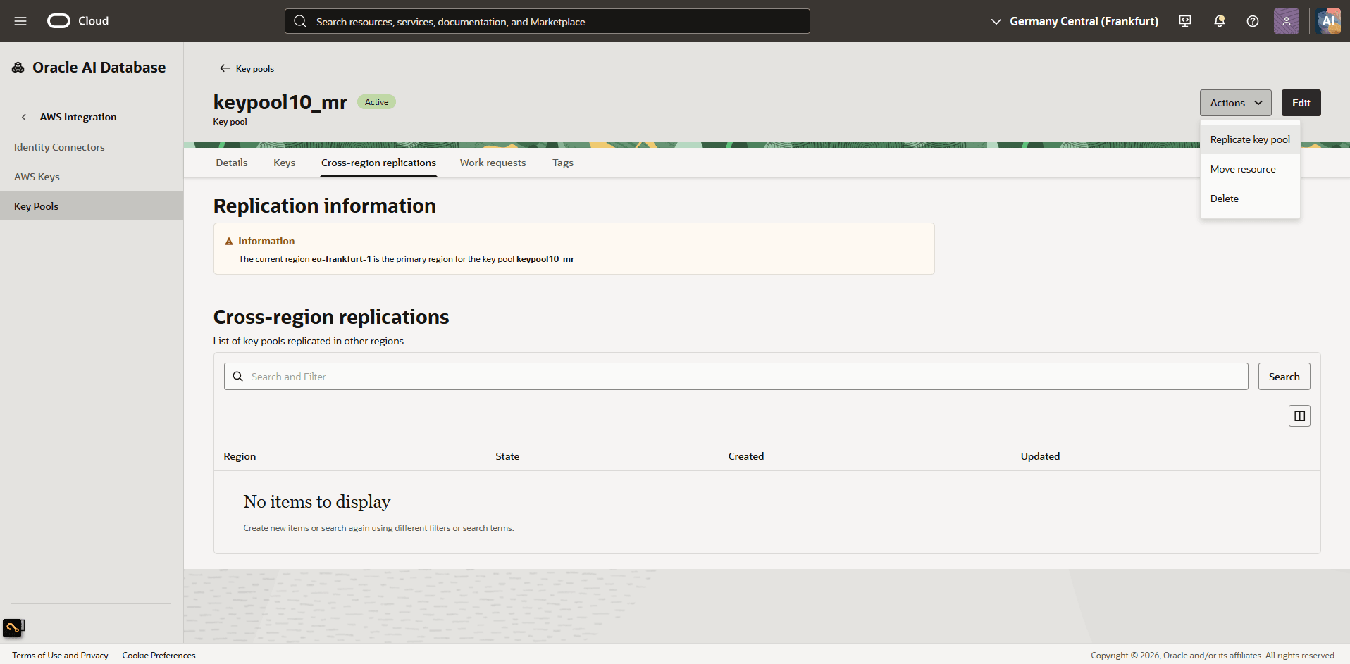 This screenshot shows how to enable cross-region replication for a key pool.