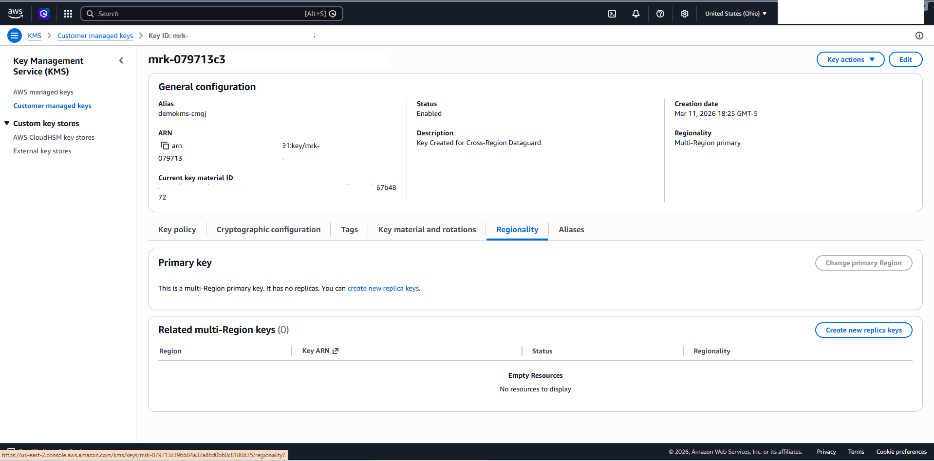 This screenshot shows how to enable the multi-region key in AWS KMS. This screenshot shows how to enable the multi-region key in AWS KMS.