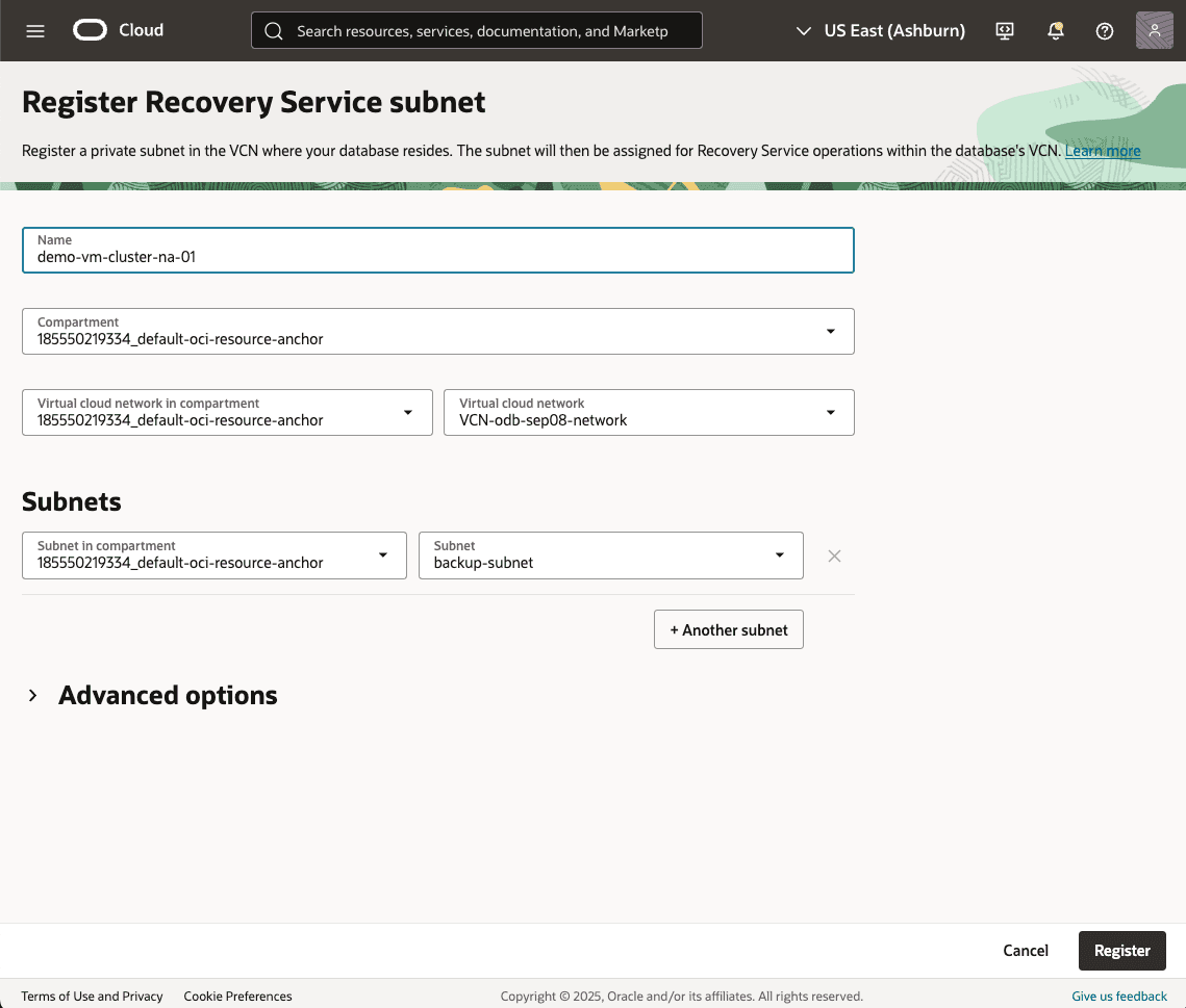 This screenshot shows how to register Recovery Service subnet.