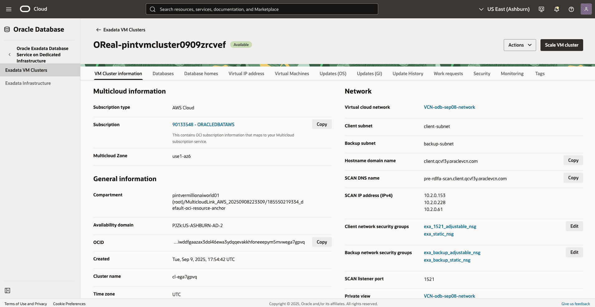 This screenshot shows the VM Cluster details. This screenshot shows the VM Cluster details.