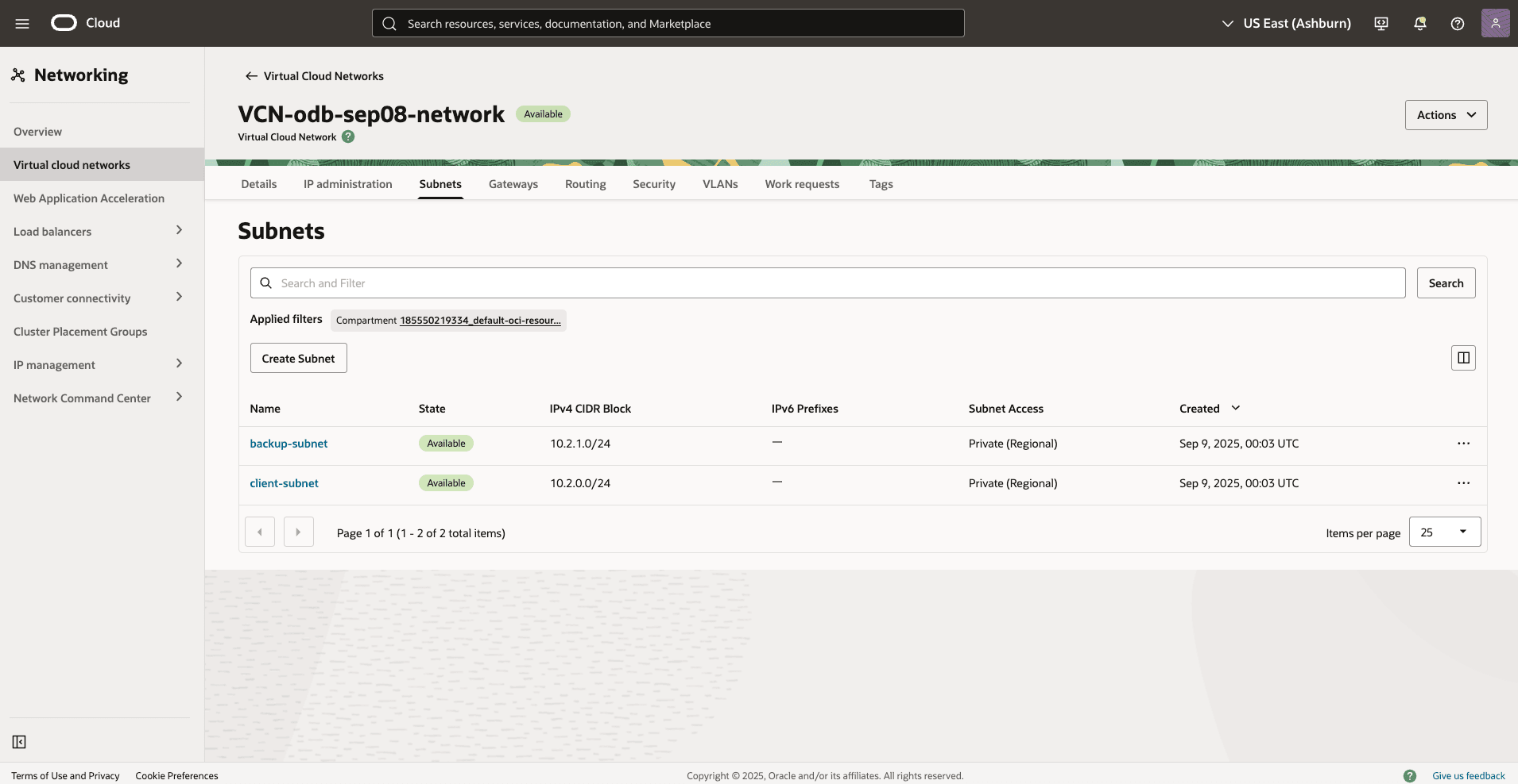 This screenshot shows the VCN details. This screenshot shows the VCN details.