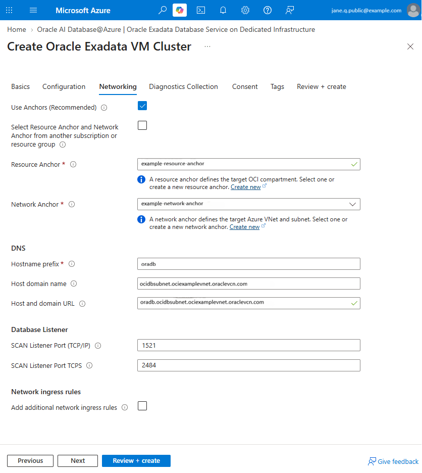 Click to expand The Networking tab shows resource and network anchors selected with hostname prefix oradb and the default oraclevcn.com domain.