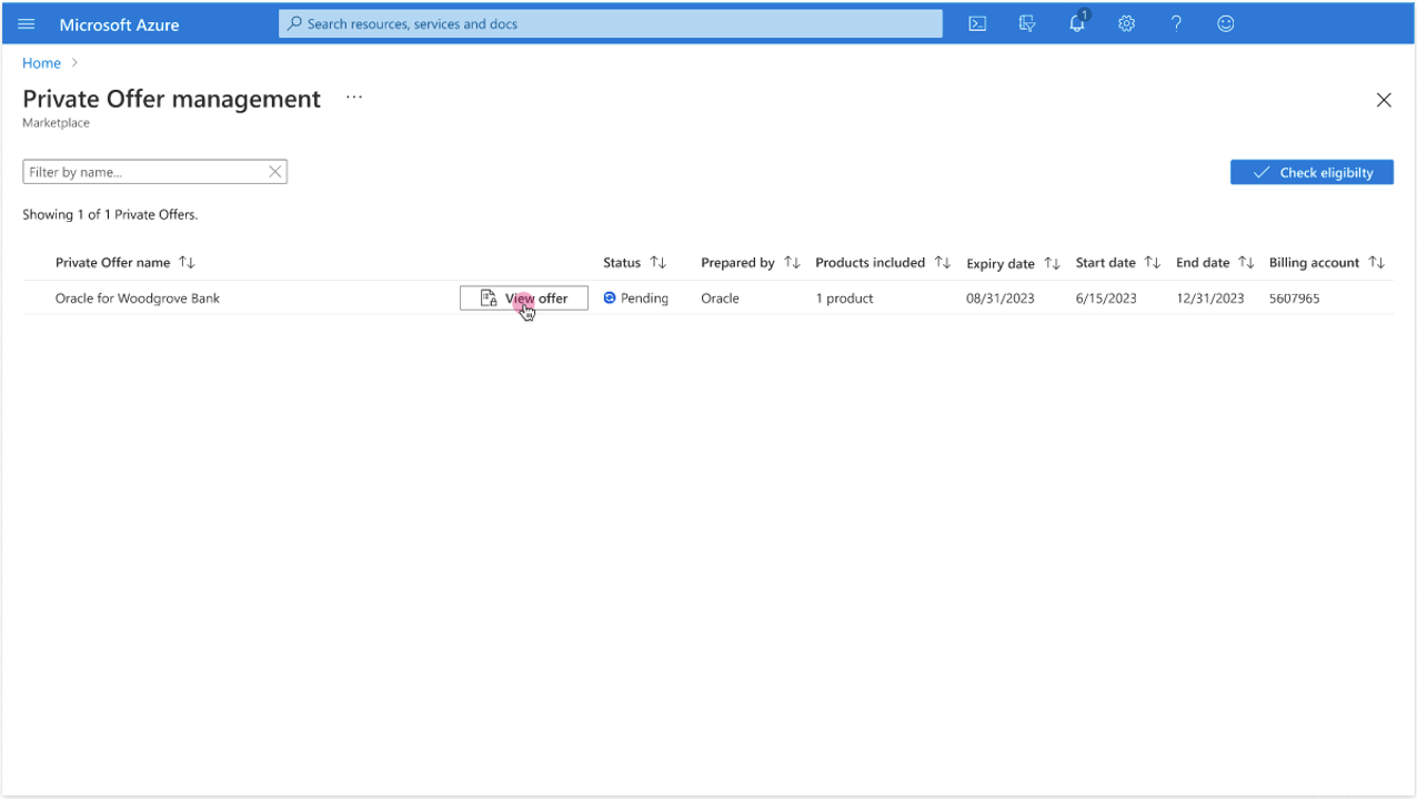 Click to expand An image of the Azure portal showing the private offer list view in the Marketplace.