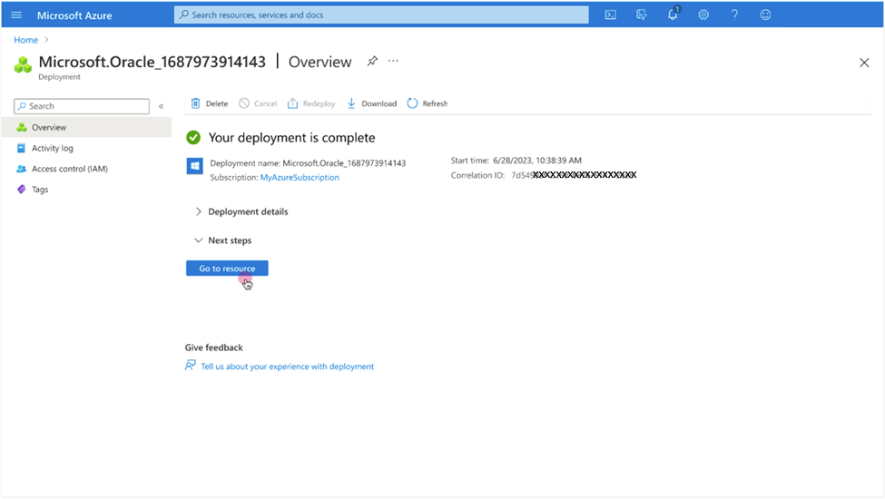 Click to expand An image of the Azure portal showing the deployment overview page after deployment is complete.