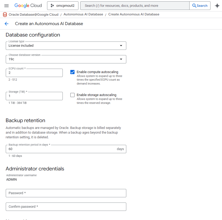 This screenshot shows how to create an Autonomous AI Database.