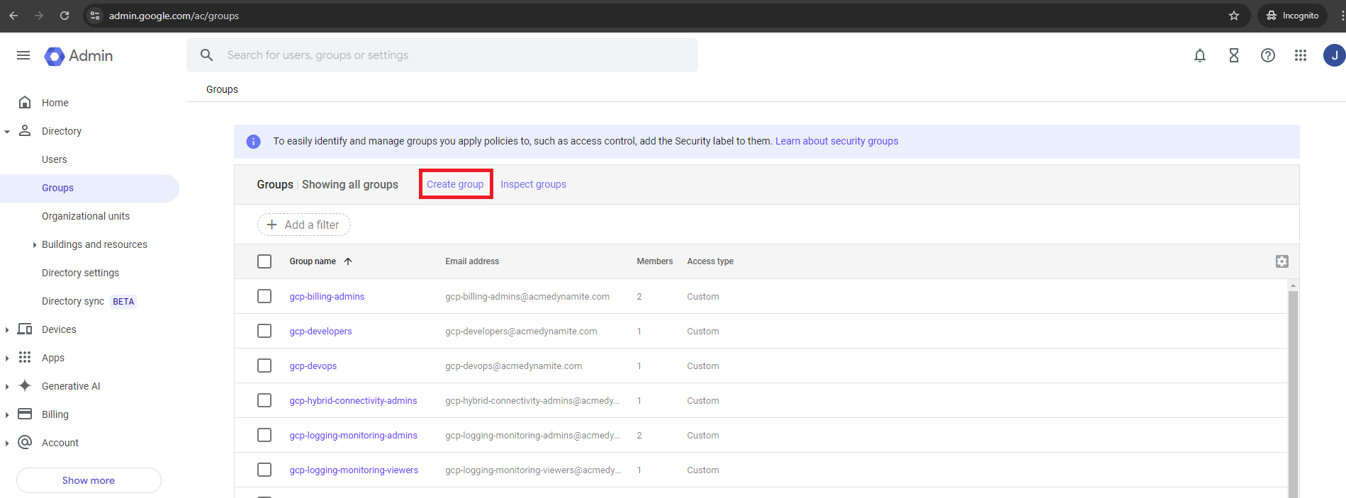 Click to expand An image of the Google Cloud admin console showing the IAM Groups interface.