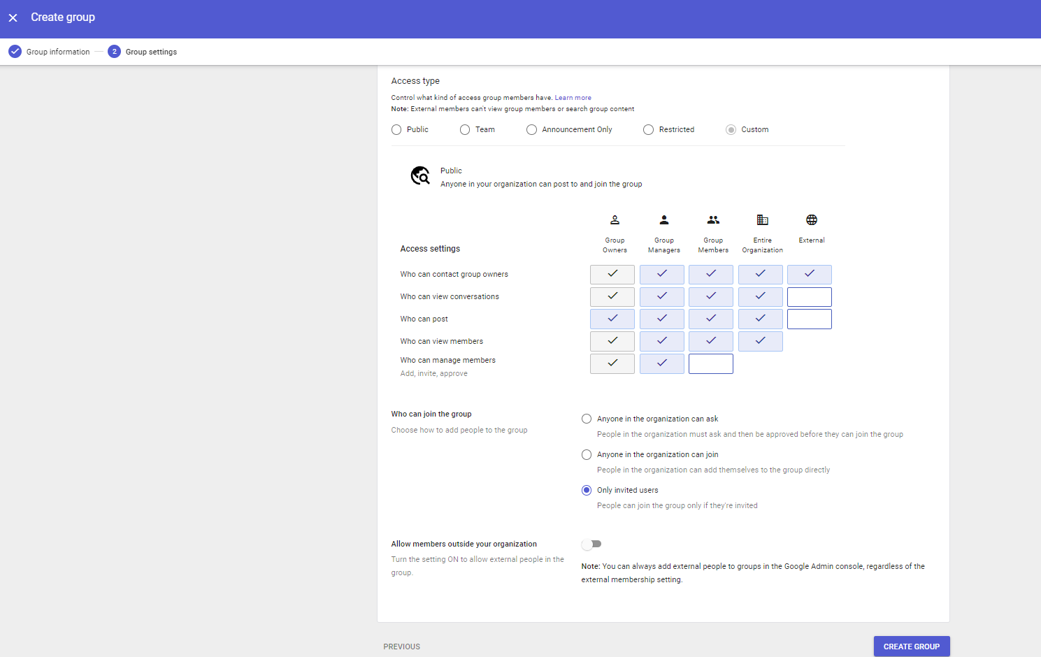 Click to expand An image of the Group settings tab in the Create group dialog of the Google Cloud admin console.