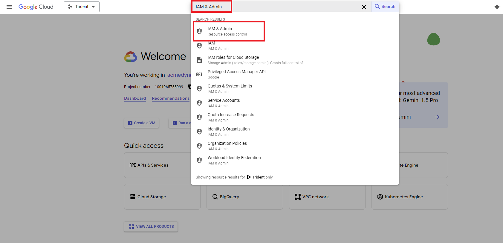 Click to expand An image of a search for "IAM & Admin" in the Google Cloud console.