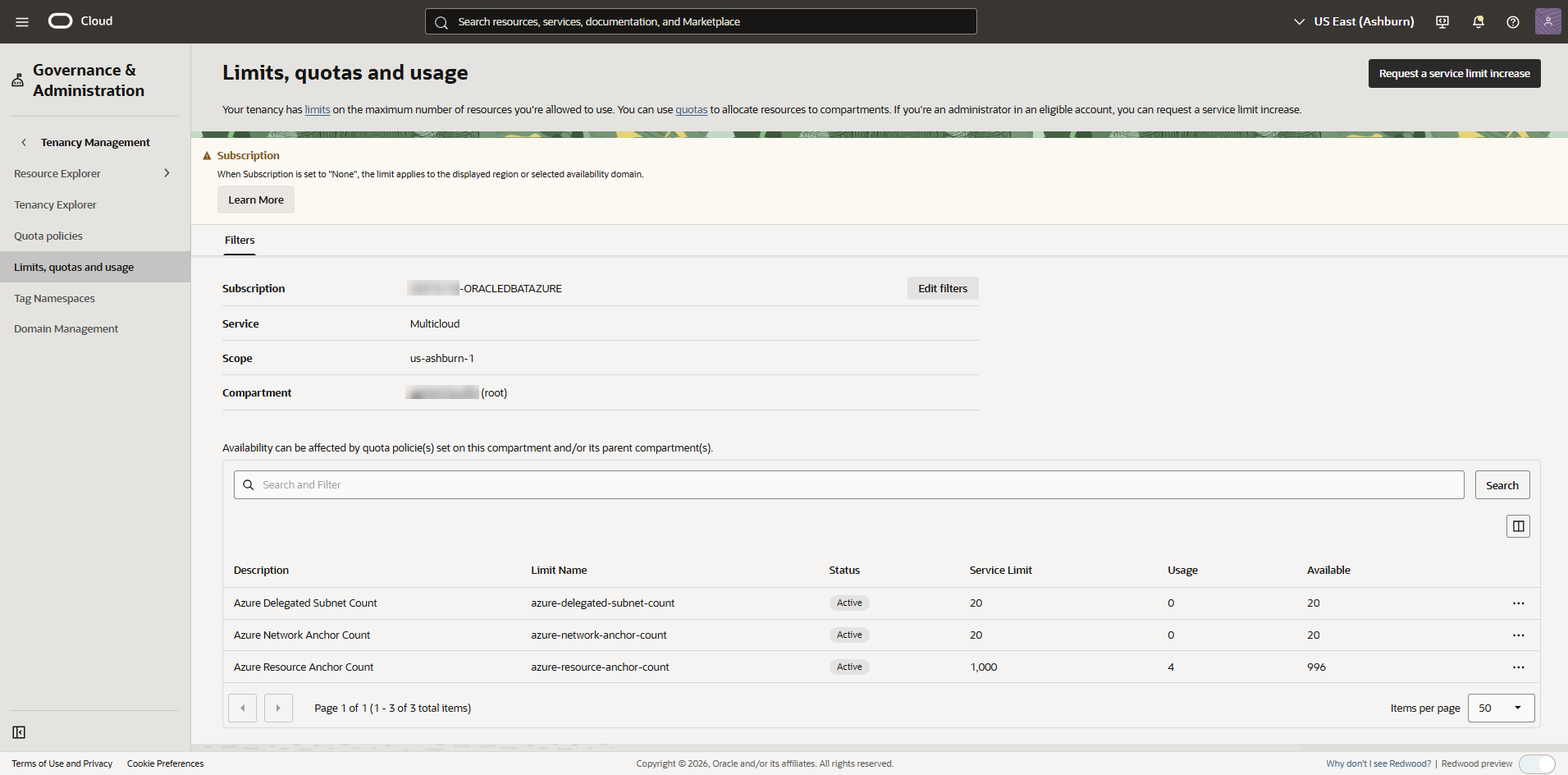 Click to expand Example of Limits, quotas and usage page for Multicloud (Oracle AI Database@Azure)